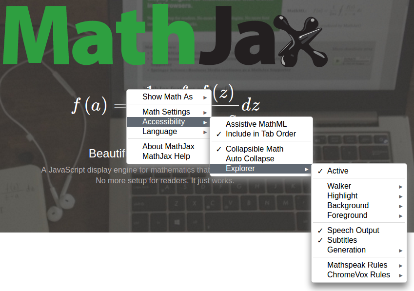 MathJax Menu with active Explorer submenu